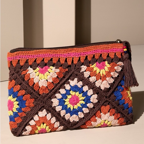 Anthropologie Handbags - Crochet Handmade brown beaded beaded boho bohemian zip clutch purse tote